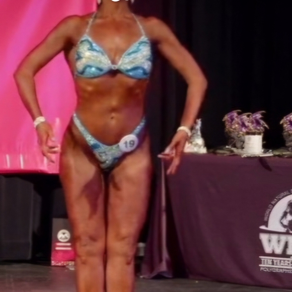 Turquoise hologram competition, figure posing suit, handmade, premade size 36B - Picture 12 of 14